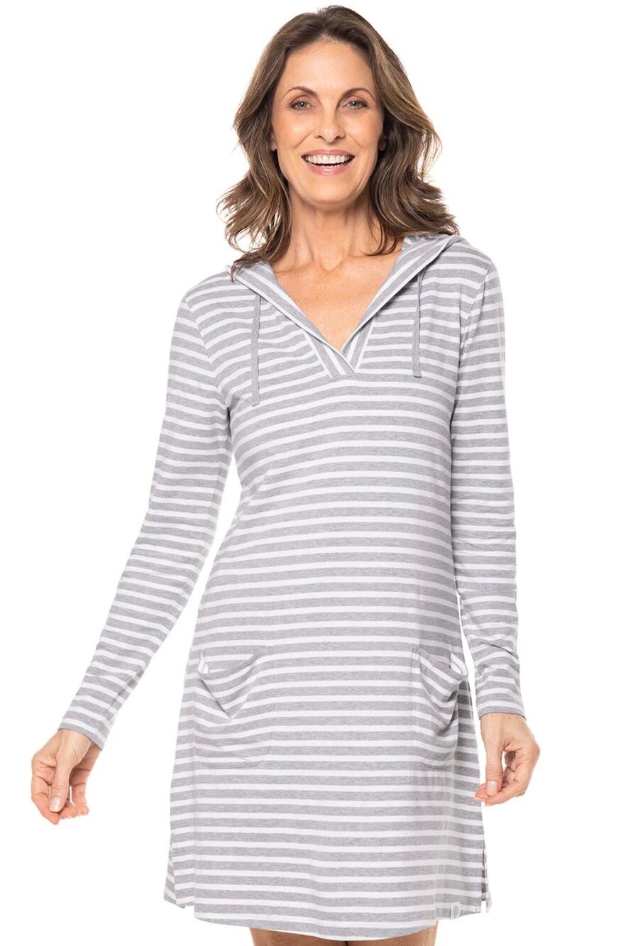 Coolibar Catalina Cover Up Dress with Pockets Striped Gray White XL UPF Beach